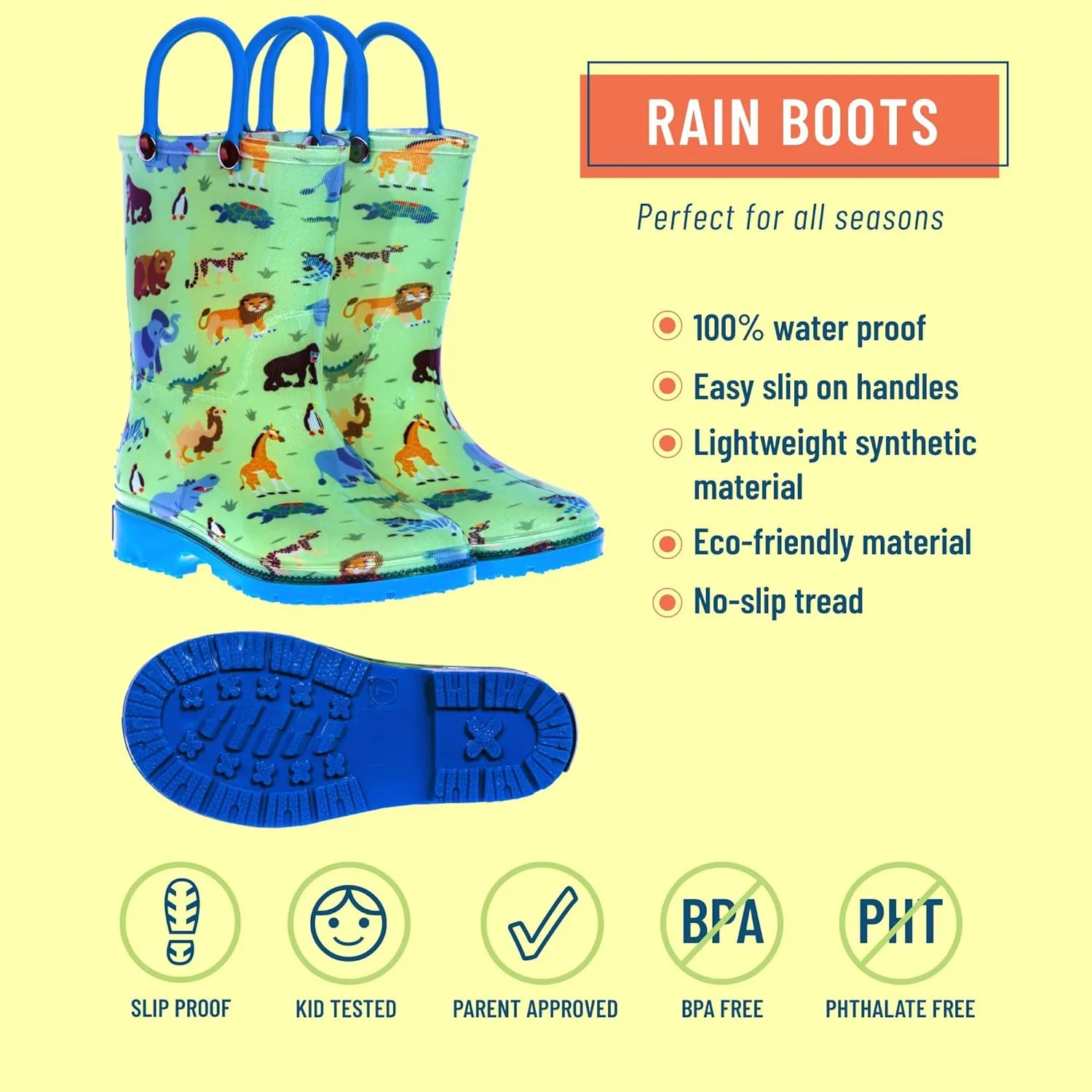 Wildkin Kids Rain Boots – 100% Waterproof with Slip-Resistant Tread & Easy Pull Handles