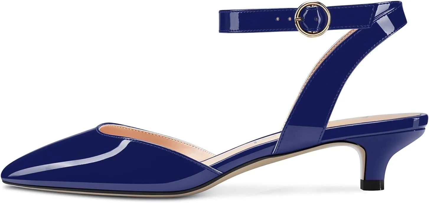 Women Kitten Low Heel Close Pointed Toe Pumps Ankle Strap Slingback Buckle Sandals Wedding Office Cute Classic Shoes