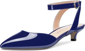 Women Kitten Low Heel Close Pointed Toe Pumps Ankle Strap Slingback Buckle Sandals Wedding Office Cute Classic Shoes
