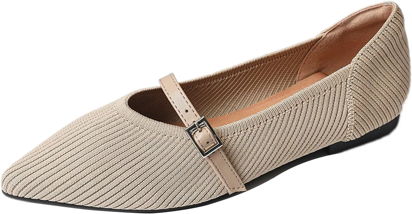 Women Knitted Striped Pointed Toe Mary Jane Flats with Adjustable Ankle Strap Comfort Casual Breathable Lightweight Washable Walking Shoes Dressy Ballet Flats for Office Dating