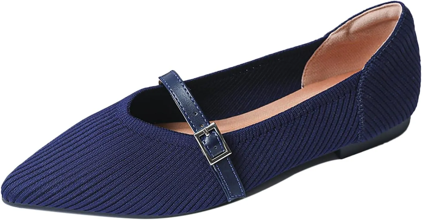 Women Knitted Striped Pointed Toe Mary Jane Flats with Adjustable Ankle Strap Comfort Casual Breathable Lightweight Washable Walking Shoes Dressy Ballet Flats for Office Dating