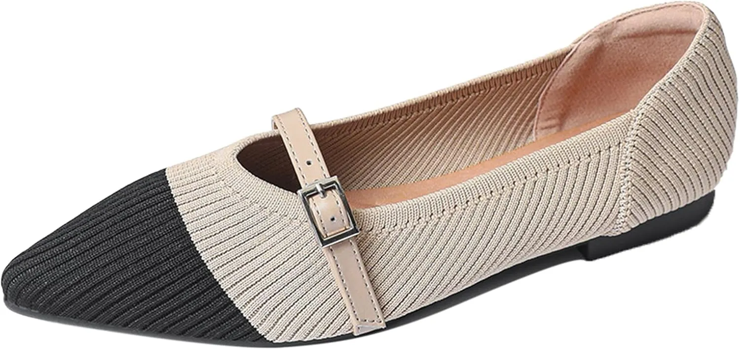 Women Knitted Striped Pointed Toe Mary Jane Flats with Adjustable Ankle Strap Comfort Casual Breathable Lightweight Washable Walking Shoes Dressy Ballet Flats for Office Dating
