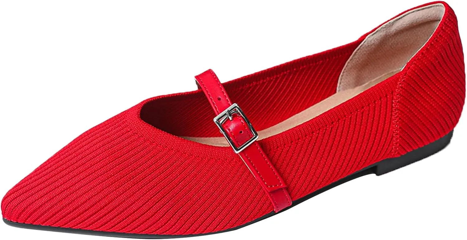 Women Knitted Striped Pointed Toe Mary Jane Flats with Adjustable Ankle Strap Comfort Casual Breathable Lightweight Washable Walking Shoes Dressy Ballet Flats for Office Dating