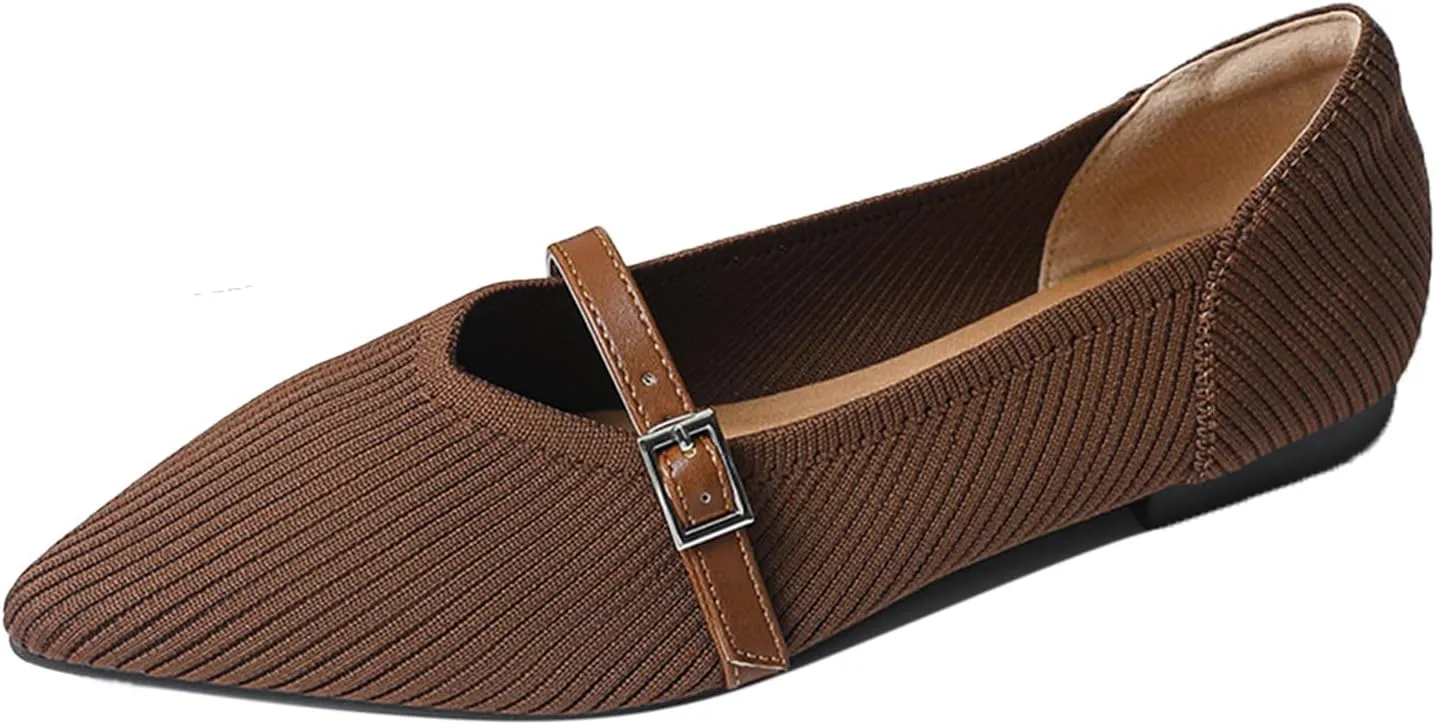 Women Knitted Striped Pointed Toe Mary Jane Flats with Adjustable Ankle Strap Comfort Casual Breathable Lightweight Washable Walking Shoes Dressy Ballet Flats for Office Dating