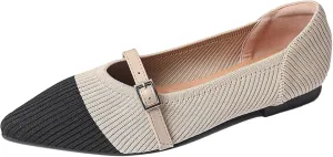Women Knitted Striped Pointed Toe Mary Jane Flats with Adjustable Ankle Strap Comfort Casual Breathable Lightweight Washable Walking Shoes Dressy Ballet Flats for Office Dating