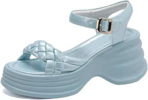Women Sandals Split Leather Weave Peep Toe High Heels Platform Buckle Strap Casual Modern Sandals