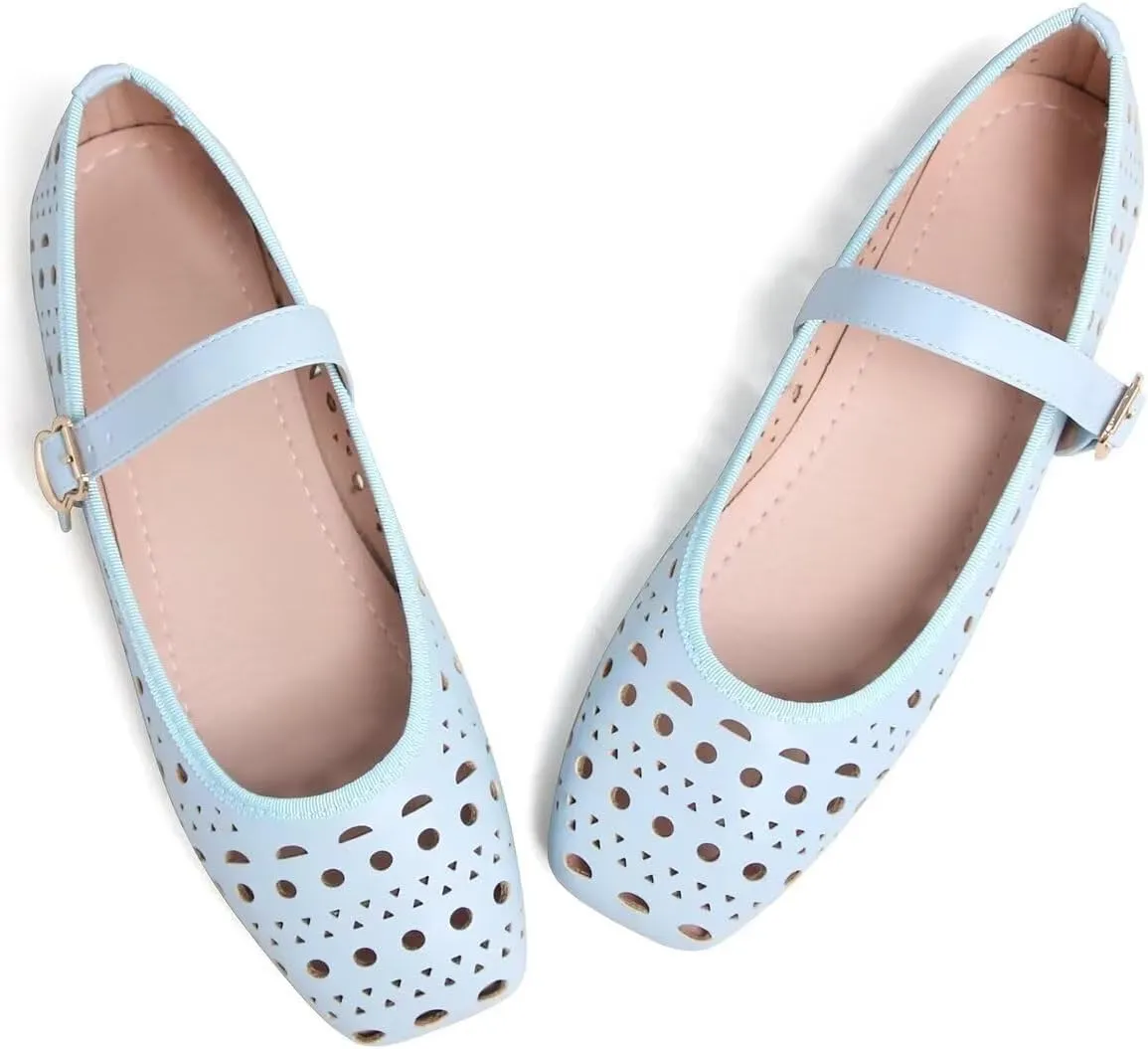 Women Summer Mary Jane Flats Breathable Low Heel Fashion Dress Shoes Square Toe Buckle Strap Casual Office Beach Shoes