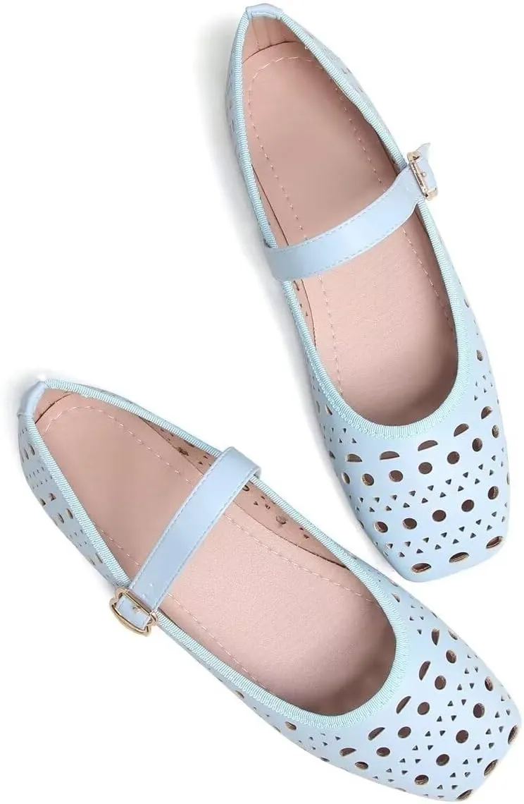 Women Summer Mary Jane Flats Breathable Low Heel Fashion Dress Shoes Square Toe Buckle Strap Casual Office Beach Shoes