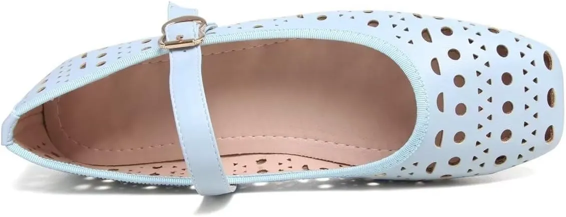 Women Summer Mary Jane Flats Breathable Low Heel Fashion Dress Shoes Square Toe Buckle Strap Casual Office Beach Shoes