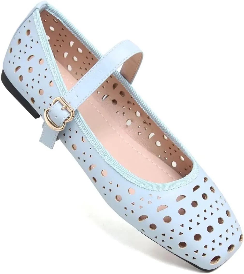 Women Summer Mary Jane Flats Breathable Low Heel Fashion Dress Shoes Square Toe Buckle Strap Casual Office Beach Shoes