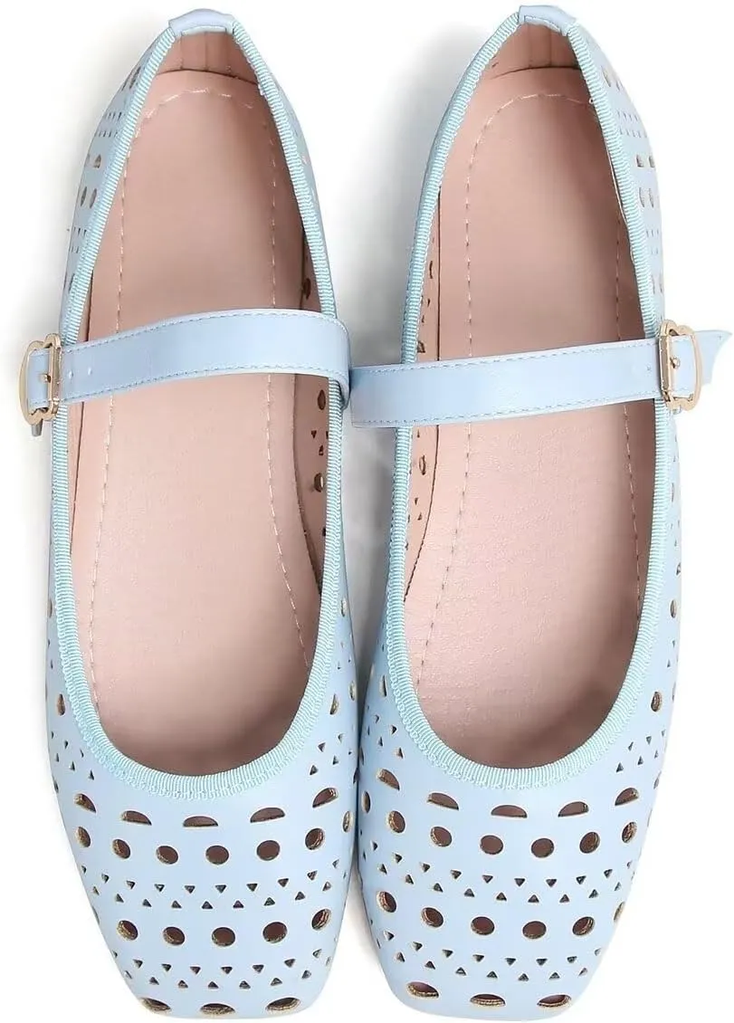 Women Summer Mary Jane Flats Breathable Low Heel Fashion Dress Shoes Square Toe Buckle Strap Casual Office Beach Shoes