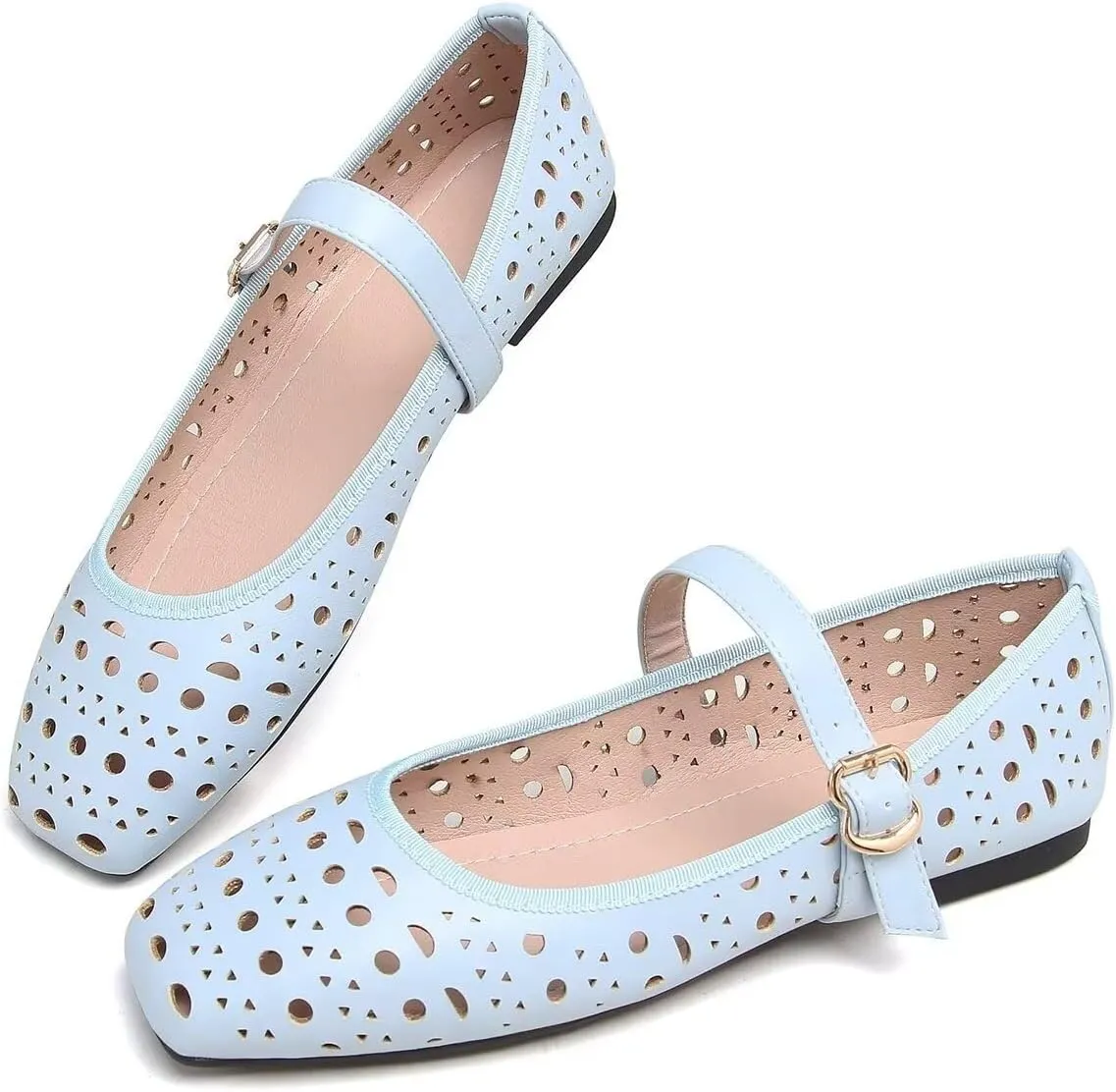 Women Summer Mary Jane Flats Breathable Low Heel Fashion Dress Shoes Square Toe Buckle Strap Casual Office Beach Shoes
