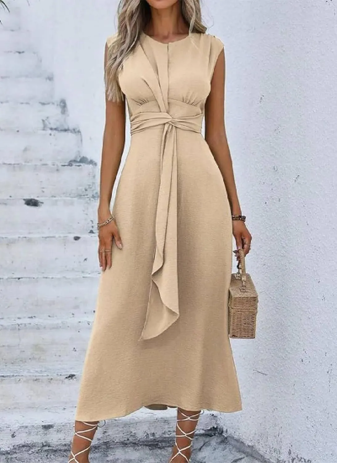 Women's 2025 Summer Apricot Solid Color Simple Front Knot Sleeveless A-Line Midi Dress Casual Lace-up Elegant Date Dress