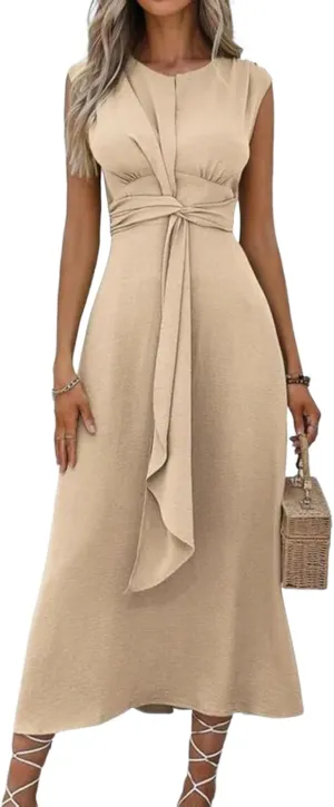 Women's 2025 Summer Apricot Solid Color Simple Front Knot Sleeveless A-Line Midi Dress Casual Lace-up Elegant Date Dress