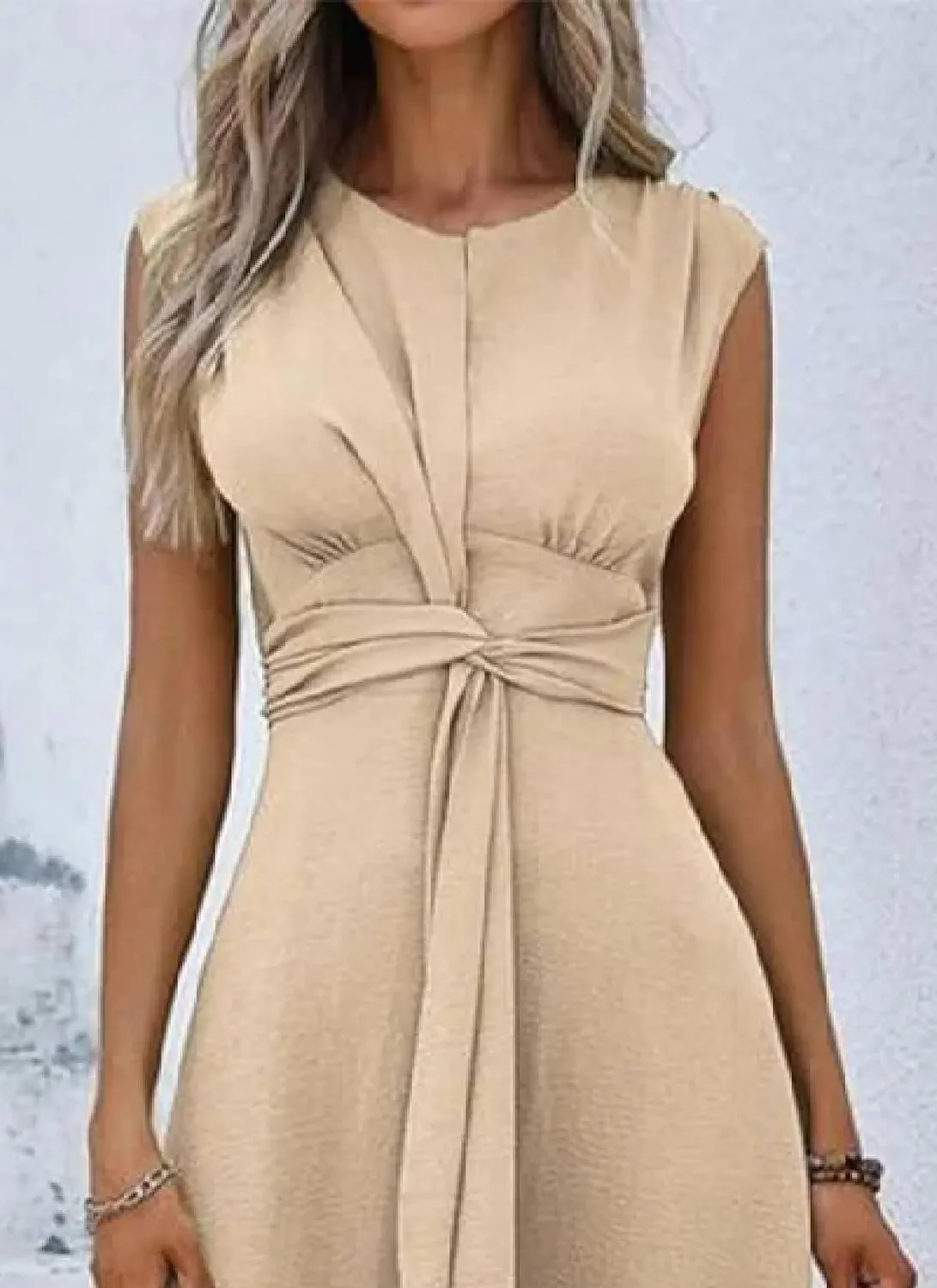 Women's 2025 Summer Apricot Solid Color Simple Front Knot Sleeveless A-Line Midi Dress Casual Lace-up Elegant Date Dress