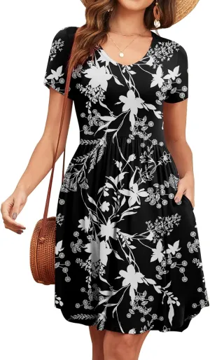 Women's 2025 Summer Short Sleeve Dresses Casual Loose Fit Swing T Shirt Dress V Neck Sundress with Pockets