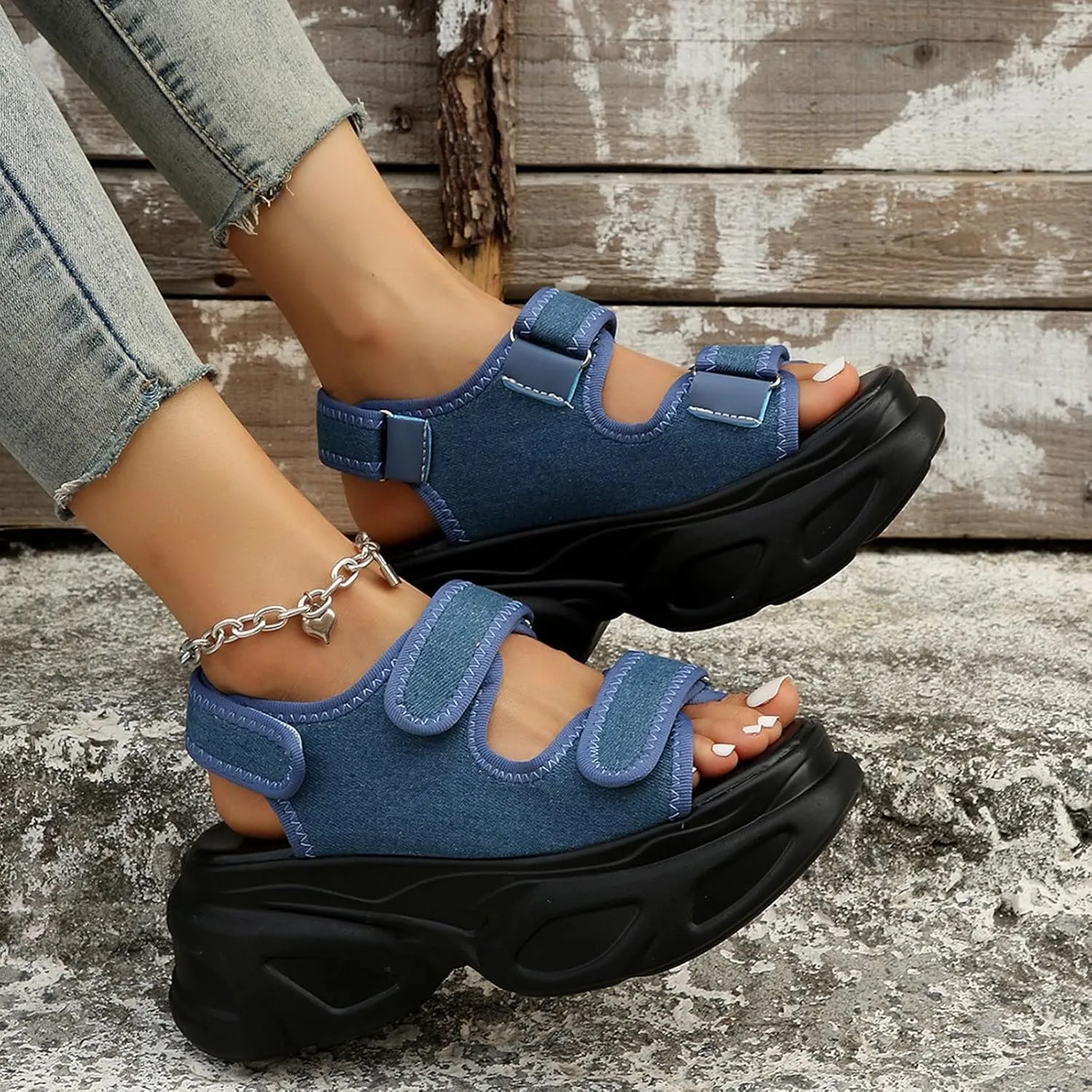 Women's Adjustable Hook and Loop Open Toe Platform Sport Sandals Summer Outdoor Wedge Orthotic Walking Sandals Casual Beach Sandals