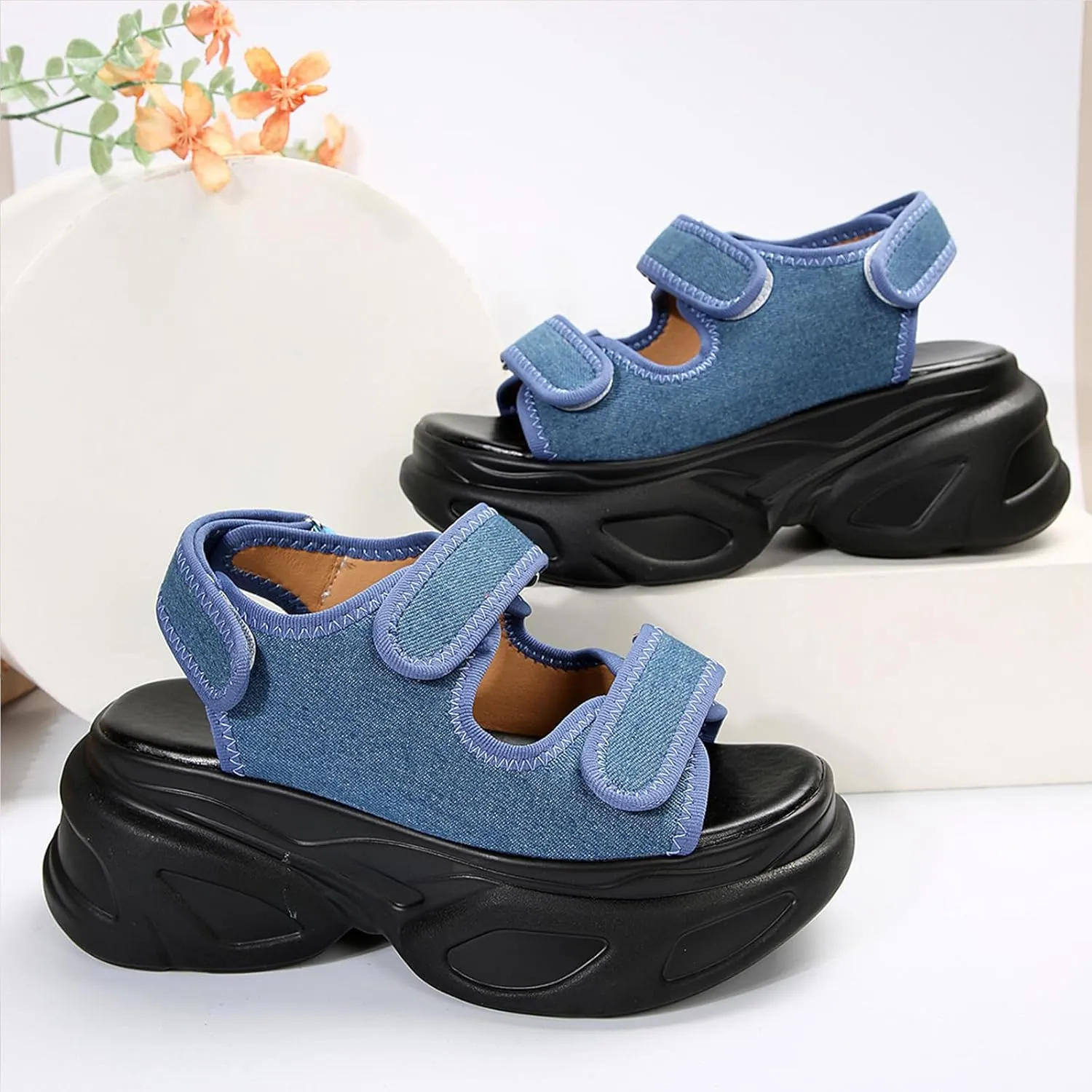 Women's Adjustable Hook and Loop Open Toe Platform Sport Sandals Summer Outdoor Wedge Orthotic Walking Sandals Casual Beach Sandals