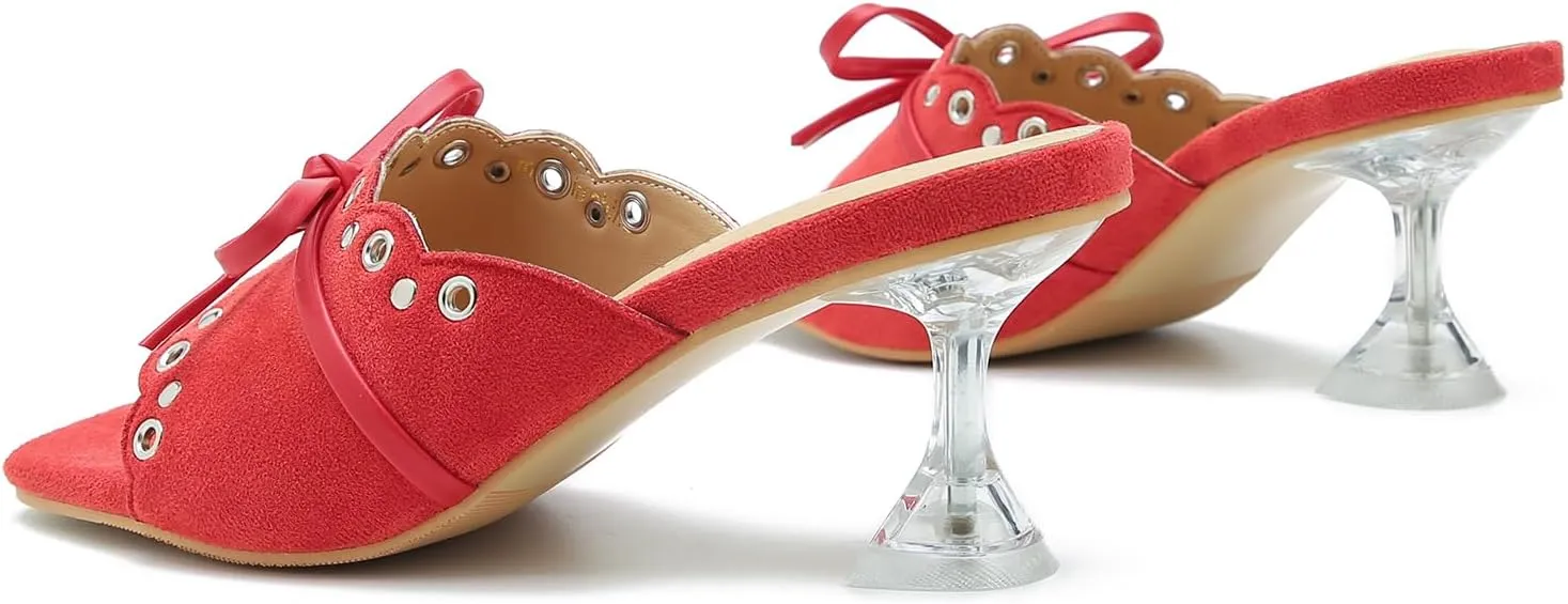 Women's Bow Heels Slippers Square Toe Clear Kitten Heeled Sandals Comfortable Mules Slip On Party Prom Dress Shoes