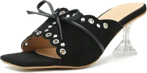 Women's Bow Heels Slippers Square Toe Clear Kitten Heeled Sandals Comfortable Mules Slip On Party Prom Dress Shoes