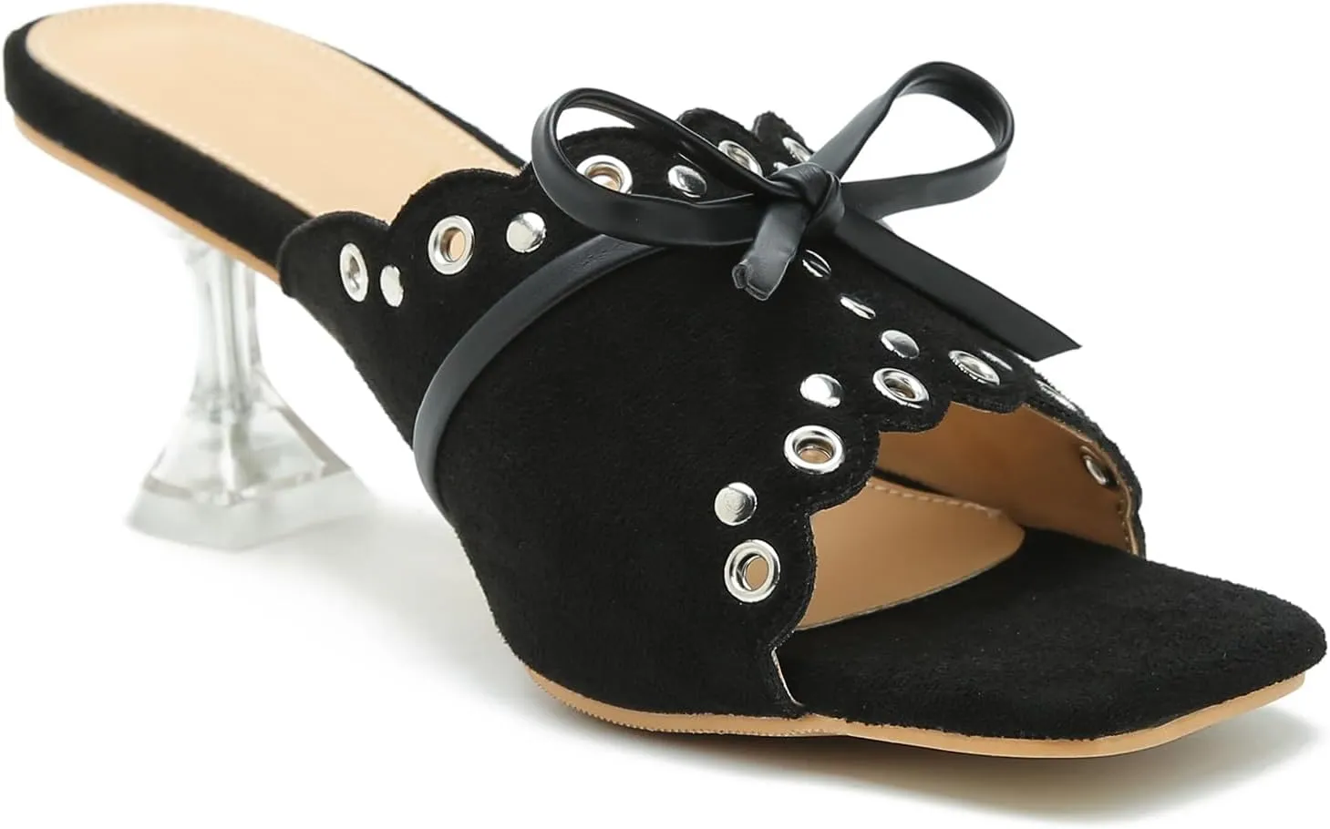 Women's Bow Heels Slippers Square Toe Clear Kitten Heeled Sandals Comfortable Mules Slip On Party Prom Dress Shoes