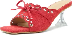 Women's Bow Heels Slippers Square Toe Clear Kitten Heeled Sandals Comfortable Mules Slip On Party Prom Dress Shoes