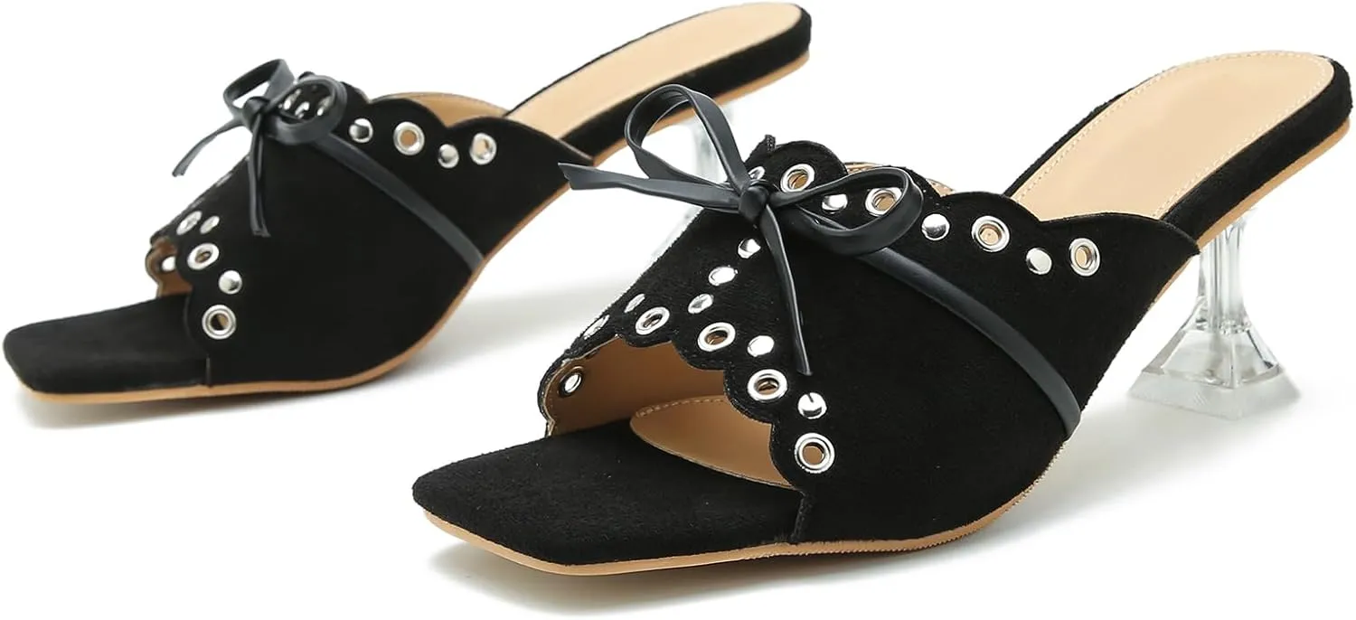 Women's Bow Heels Slippers Square Toe Clear Kitten Heeled Sandals Comfortable Mules Slip On Party Prom Dress Shoes