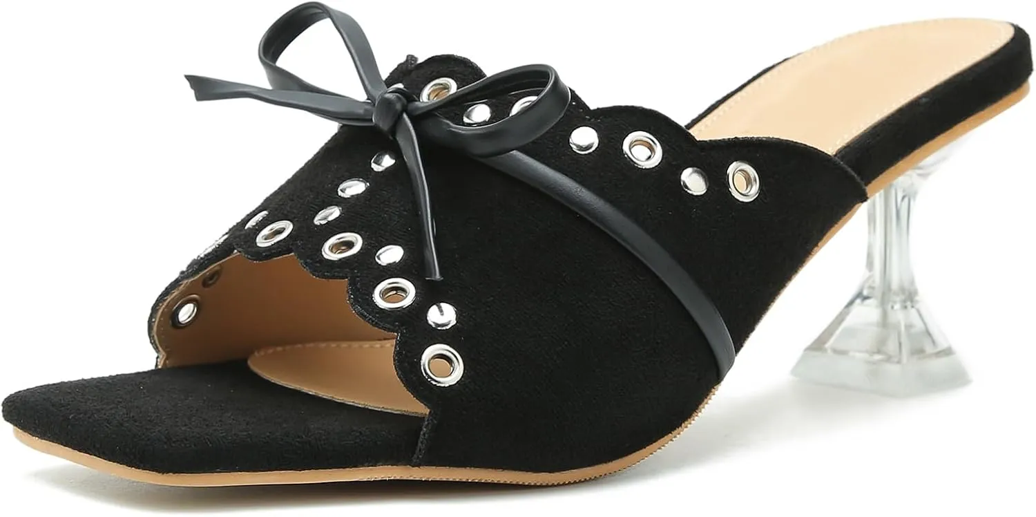 Women's Bow Heels Slippers Square Toe Clear Kitten Heeled Sandals Comfortable Mules Slip On Party Prom Dress Shoes