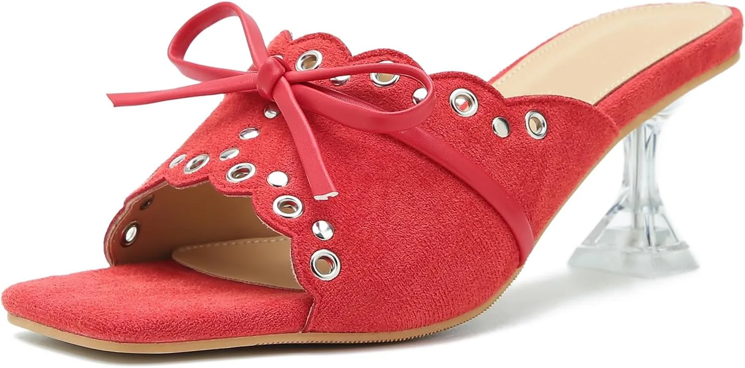 Women's Bow Heels Slippers Square Toe Clear Kitten Heeled Sandals Comfortable Mules Slip On Party Prom Dress Shoes