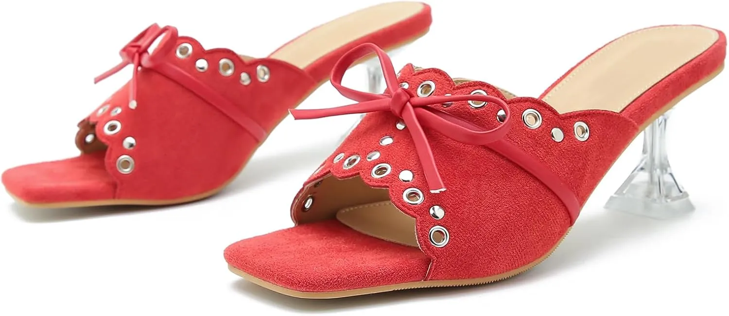 Women's Bow Heels Slippers Square Toe Clear Kitten Heeled Sandals Comfortable Mules Slip On Party Prom Dress Shoes