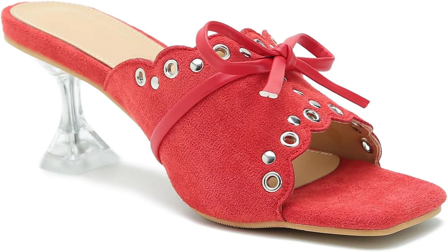 Women's Bow Heels Slippers Square Toe Clear Kitten Heeled Sandals Comfortable Mules Slip On Party Prom Dress Shoes
