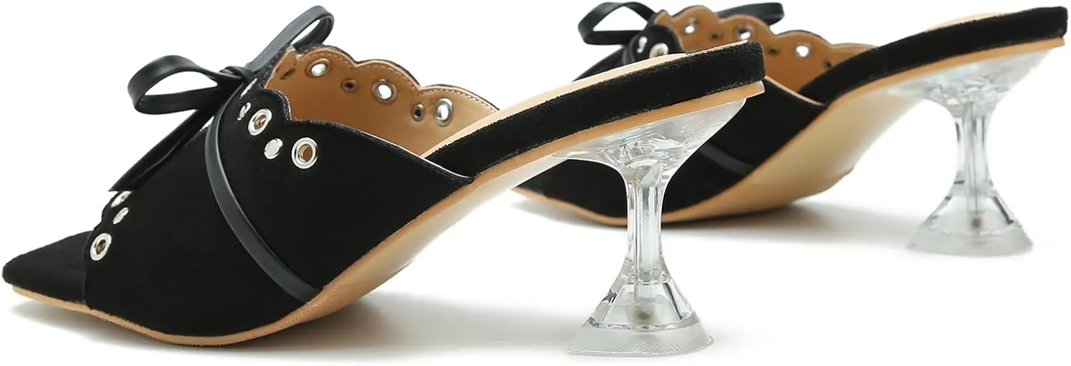 Women's Bow Heels Slippers Square Toe Clear Kitten Heeled Sandals Comfortable Mules Slip On Party Prom Dress Shoes