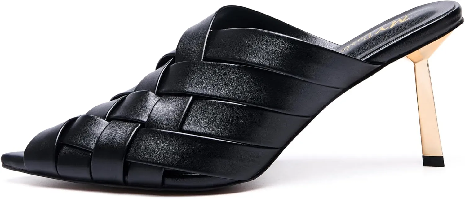 Women’s Braided Heeled Sandals Backless Peep Toe Kitten Heeled Sandals