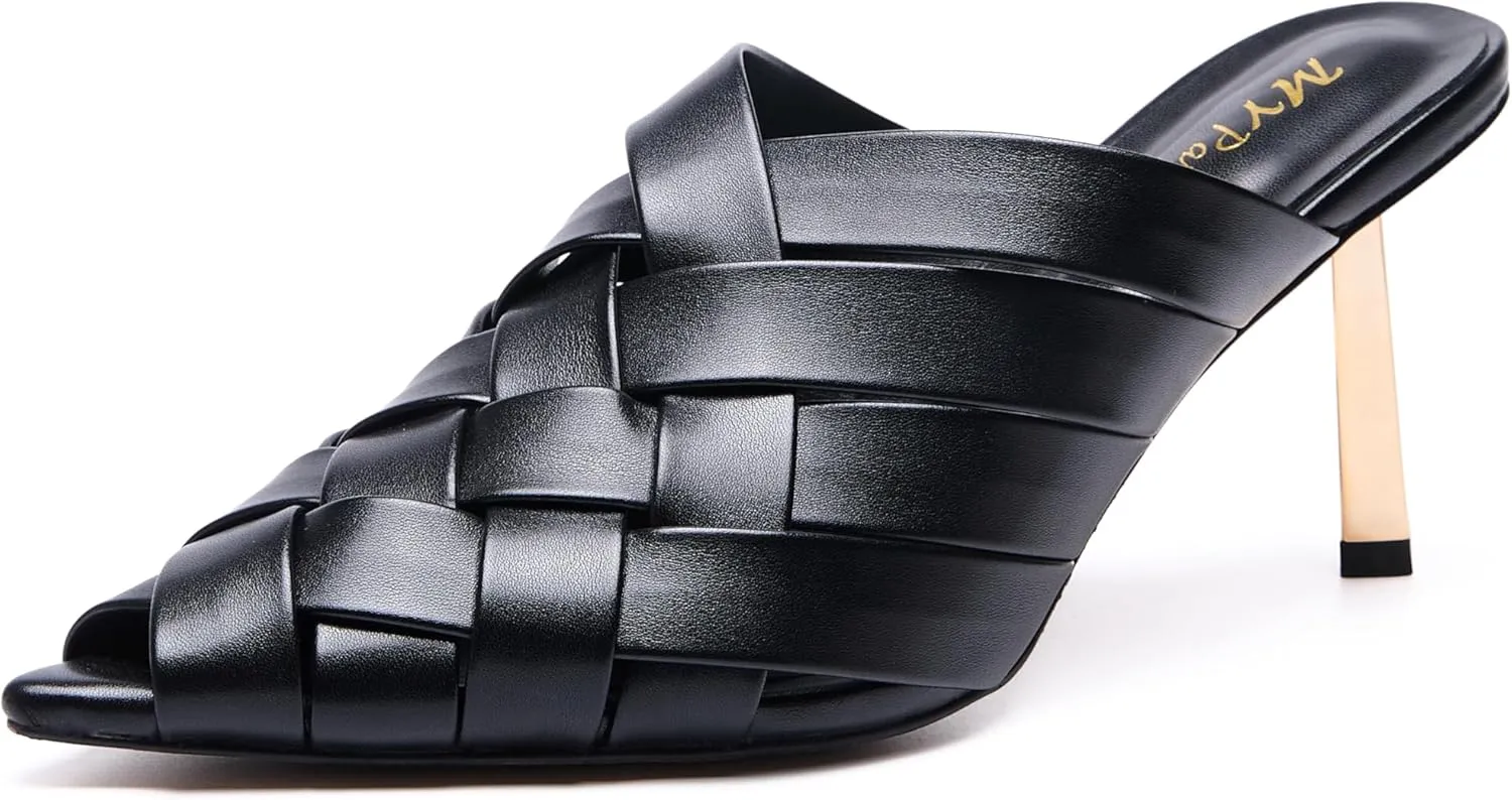 Women’s Braided Heeled Sandals Backless Peep Toe Kitten Heeled Sandals