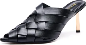 Women’s Braided Heeled Sandals Backless Peep Toe Kitten Heeled Sandals