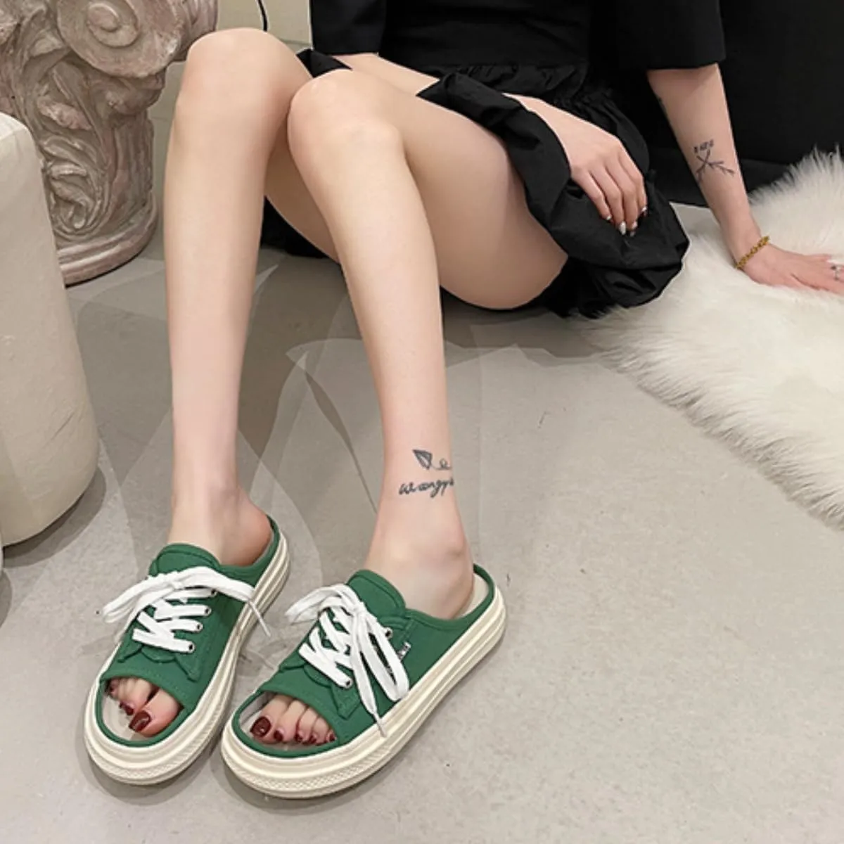 Women's Canvas Sandals Slippers Chunky Slip-on Open-toe Slides Girl Comfortable Lightweight Beach Shoes Outdoor