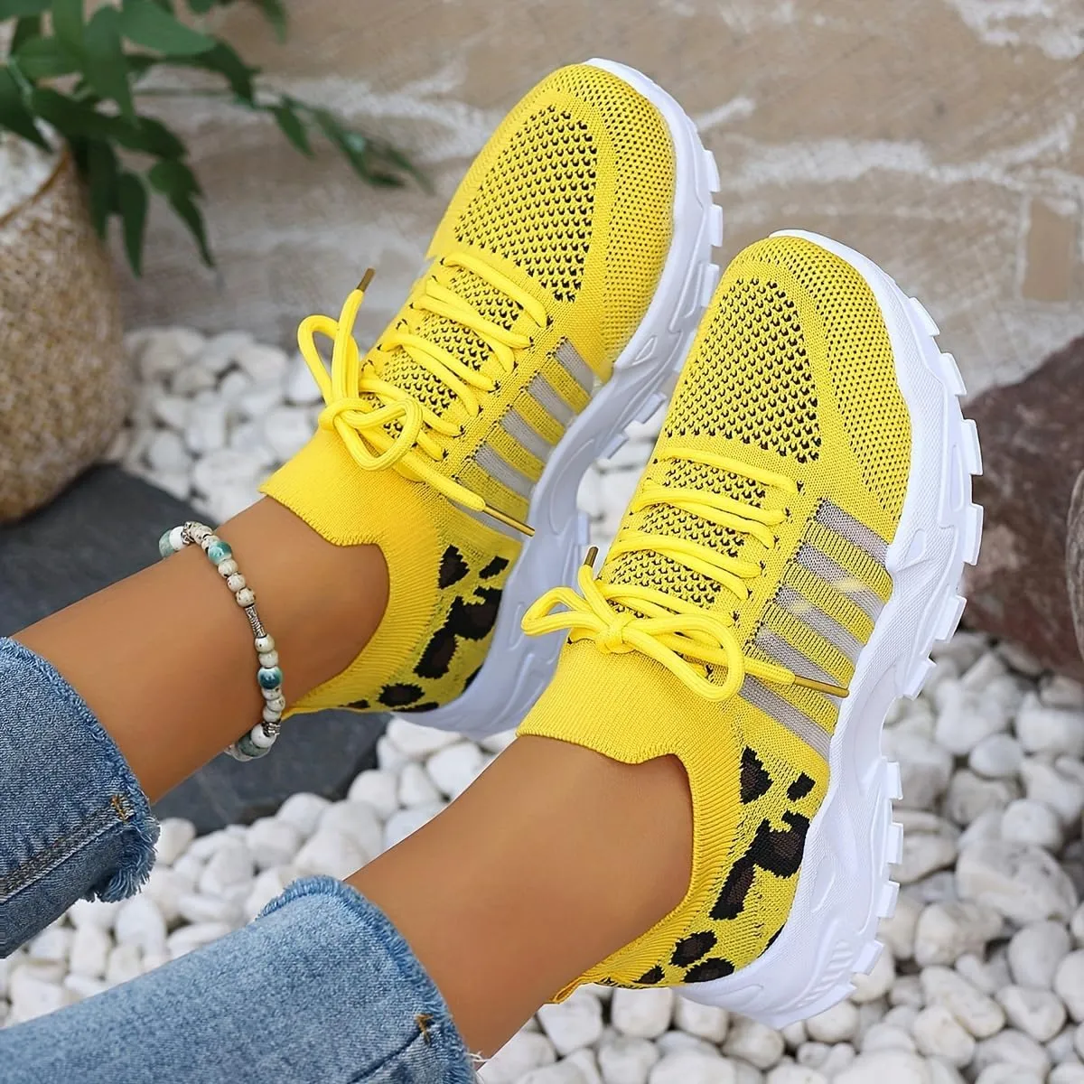 Women's Casual Athletic Sneakers - Breathable Mesh Leopard Print, Lightweight Lace-Up Running Shoes with Comfortable Platform Sole