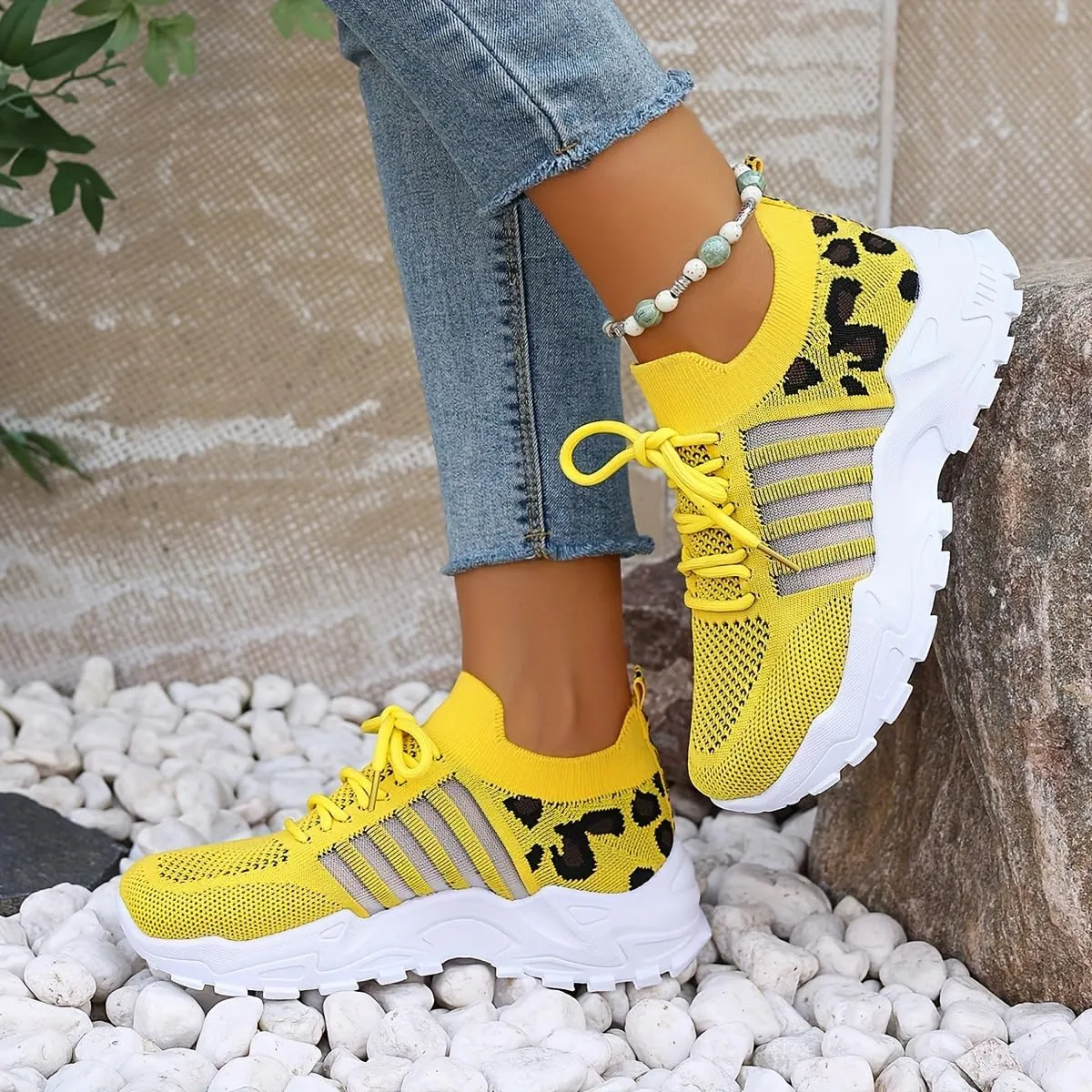 Women's Casual Athletic Sneakers - Breathable Mesh Leopard Print, Lightweight Lace-Up Running Shoes with Comfortable Platform Sole