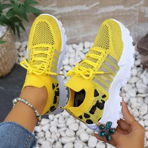 Women's Casual Athletic Sneakers - Breathable Mesh Leopard Print, Lightweight Lace-Up Running Shoes with Comfortable Platform Sole