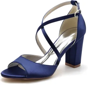 Women's Closed Toe Cross Strap Wedding Shoes for Bride Block Heel Bridal Shoes Satin Prom Party Dress Pumps