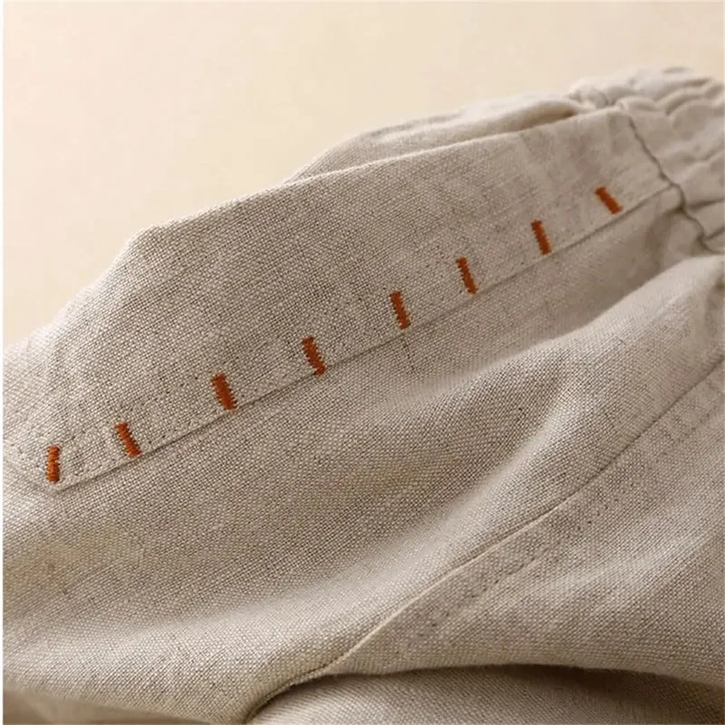 Womens Cotton Linen High Waist Wide Leg Pants Elastic Casual Ankle-Length Loose Trousers