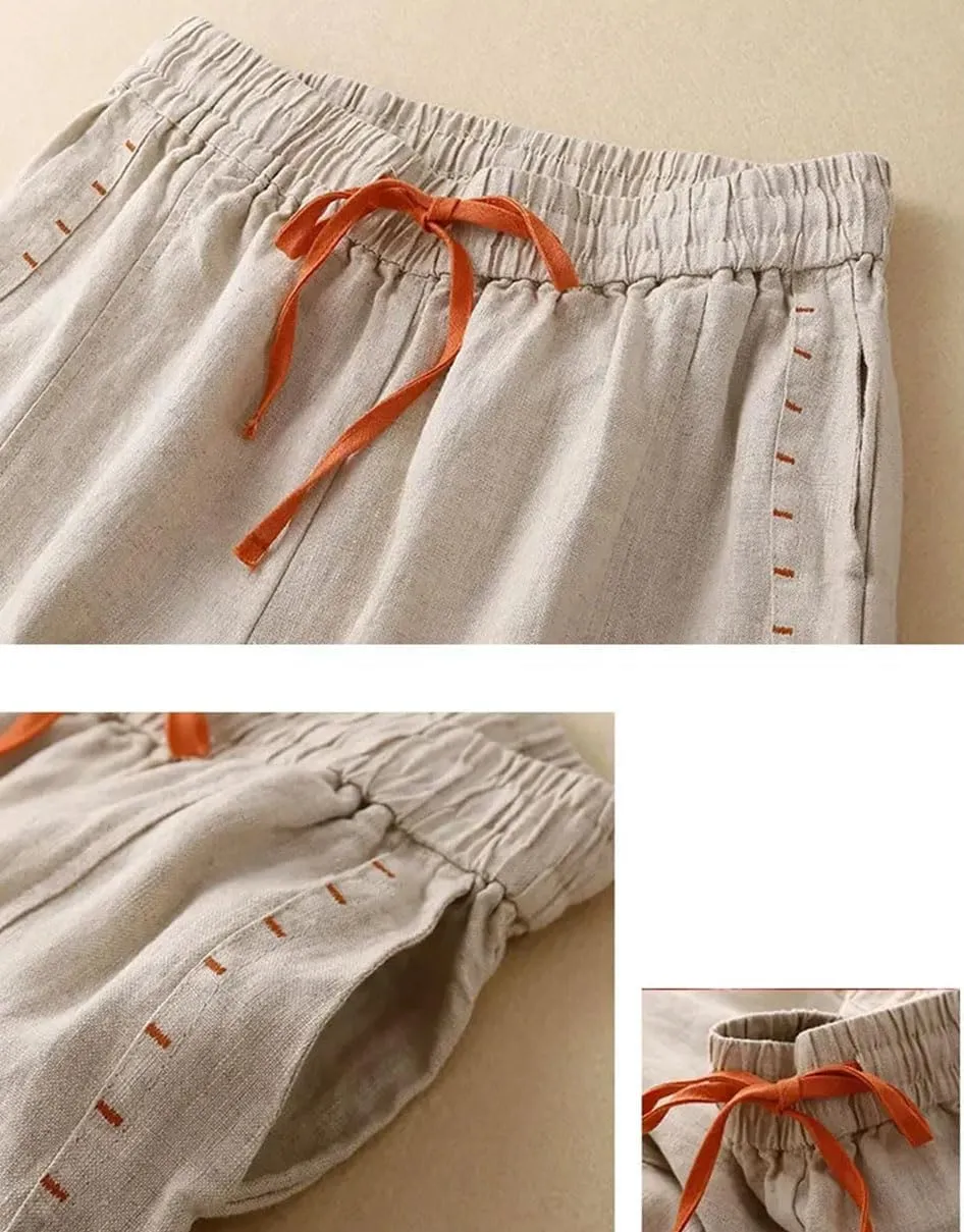 Womens Cotton Linen High Waist Wide Leg Pants Elastic Casual Ankle-Length Loose Trousers