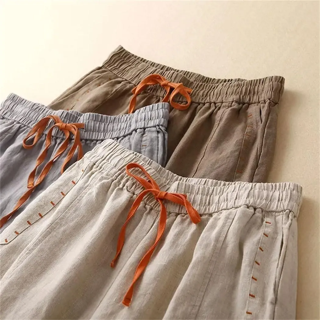 Womens Cotton Linen High Waist Wide Leg Pants Elastic Casual Ankle-Length Loose Trousers