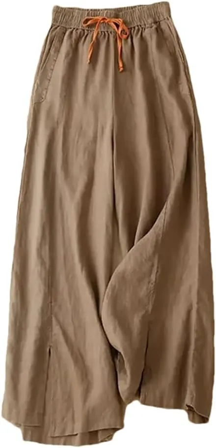 Womens Cotton Linen High Waist Wide Leg Pants Elastic Casual Ankle-Length Loose Trousers