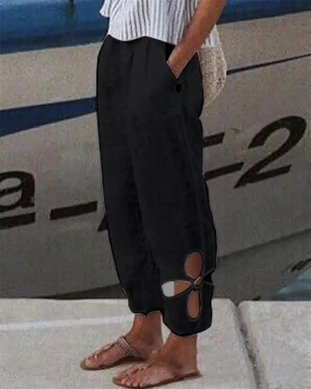 Women’s Cotton Linen Side Hollow Out Tapered Pant Elastic Mid Waist Solid Color Comfy Casual Lounge Pants with Pockets