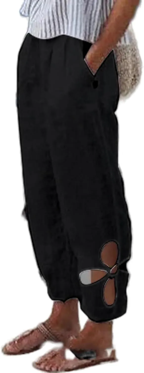 Women’s Cotton Linen Side Hollow Out Tapered Pant Elastic Mid Waist Solid Color Comfy Casual Lounge Pants with Pockets