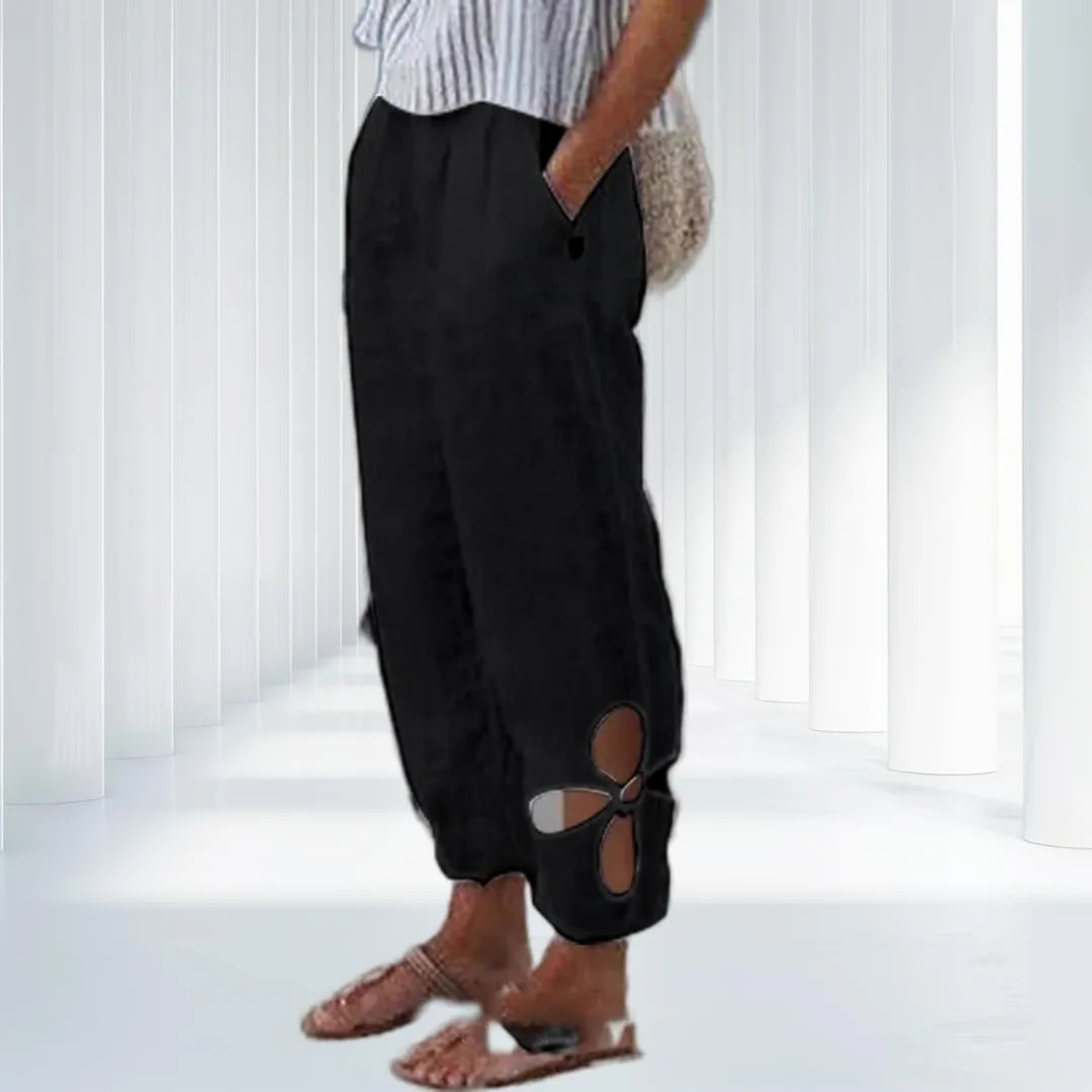 Women’s Cotton Linen Side Hollow Out Tapered Pant Elastic Mid Waist Solid Color Comfy Casual Lounge Pants with Pockets