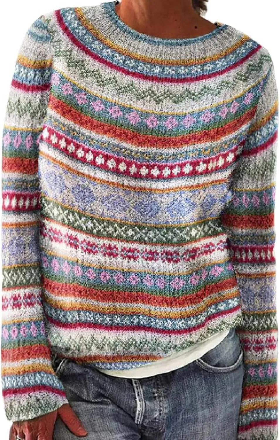 Women's Fair Isle Knitted Sweater Vintage Long Sleeve Boat Neck Retro Lightweight Pullover Top for 2024 Fall Winter