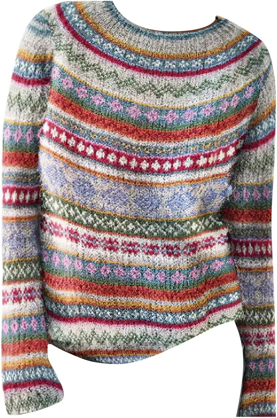 Women's Fair Isle Knitted Sweater Vintage Long Sleeve Boat Neck Retro Lightweight Pullover Top for 2024 Fall Winter