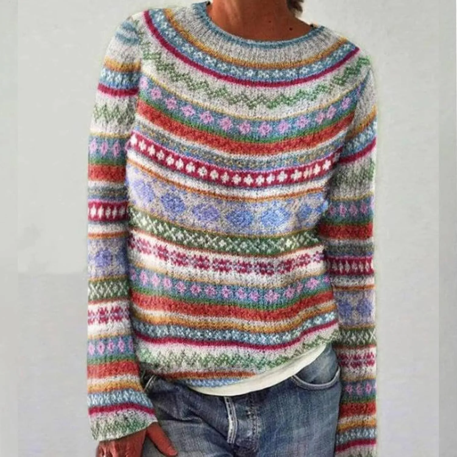 Women's Fair Isle Knitted Sweater Vintage Long Sleeve Boat Neck Retro Lightweight Pullover Top for 2024 Fall Winter